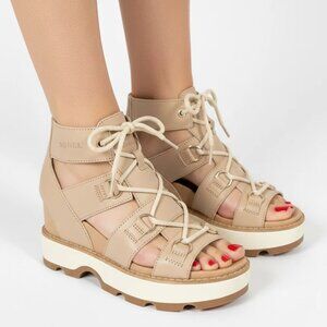 NEW Sorel Joanie IV Lace Wedge Sandals Tan Leather Platform Heels Size 5.5